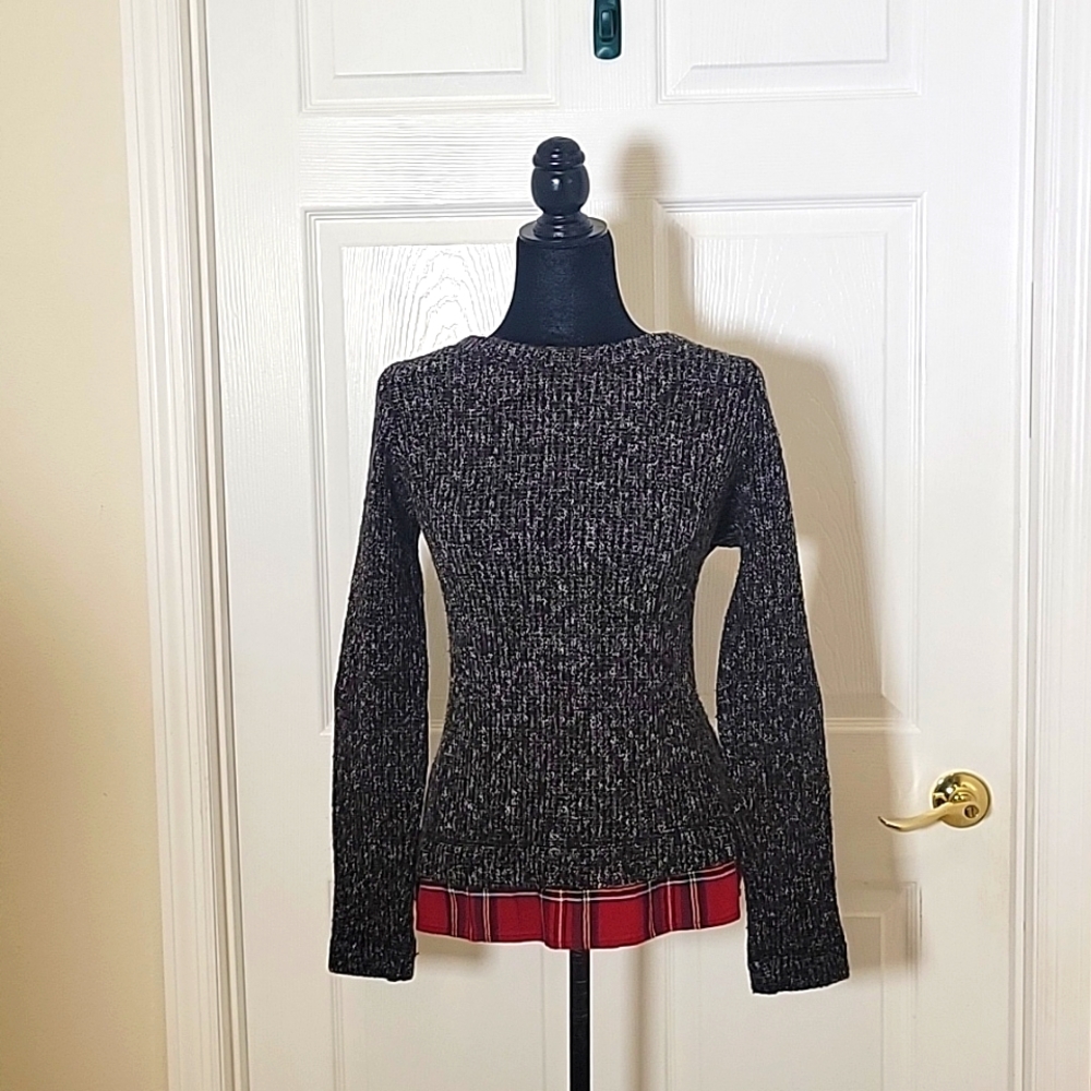 Anthropologie Sanctuary gray sweater with red plaid trim size Small